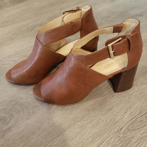 Nine West GACEO Brown Faux Leather Ankle Strap Chunky Heels Peep Toe Size 8 - Picture 4 of 7